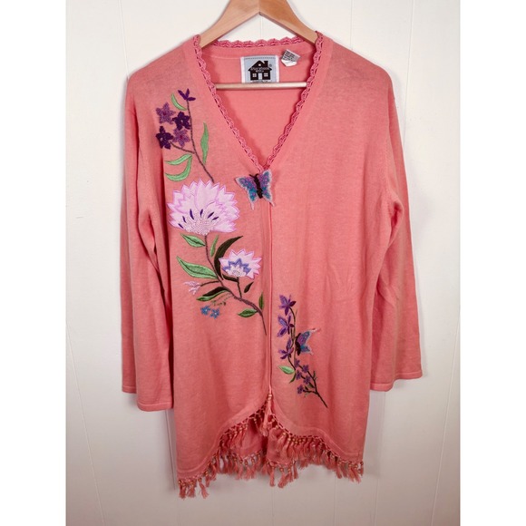 VTG Storybook Knits HSN Floral Butterfly Embroidered Beaded Cardigan‎ Peach L